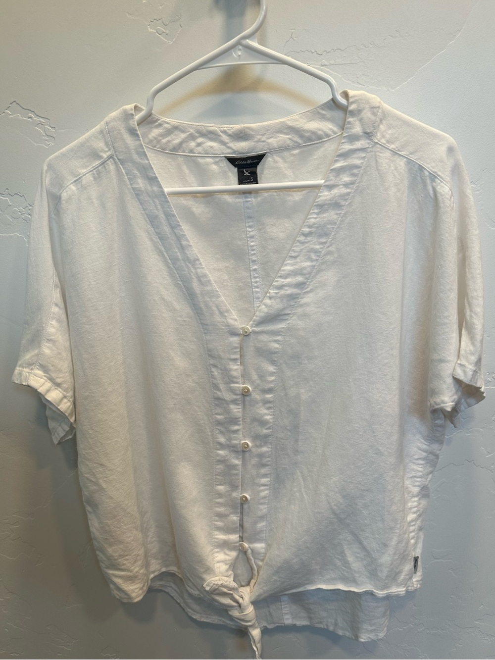 Eddie Bauer White Button-Front Tie Hem Blouse Linen Blend